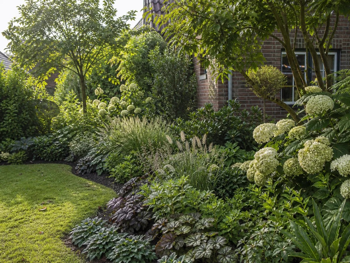 Sfeerimpressie van een gerenoveerd plantvak met vaste planten en siergrassen