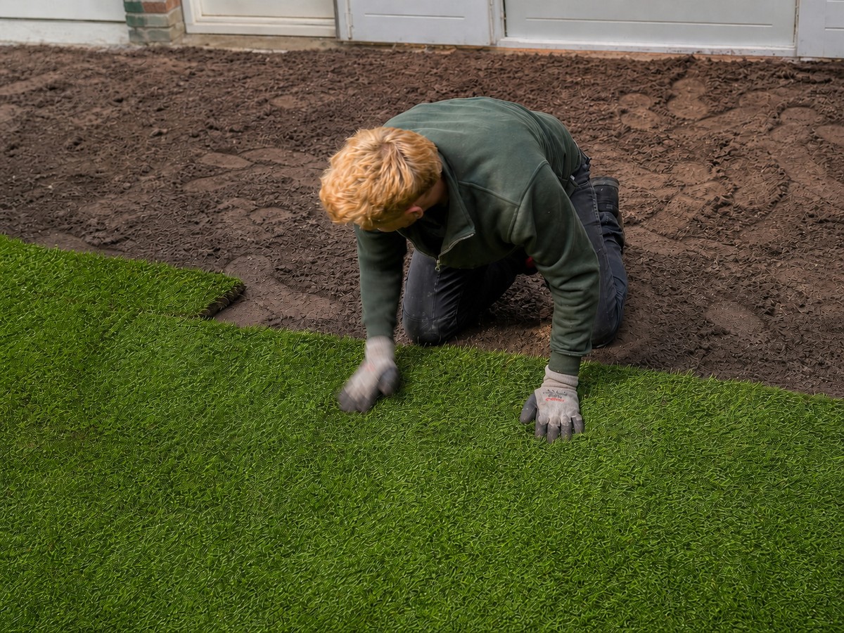 Sander Boshoven legt graszoden in een tuin in aanleg